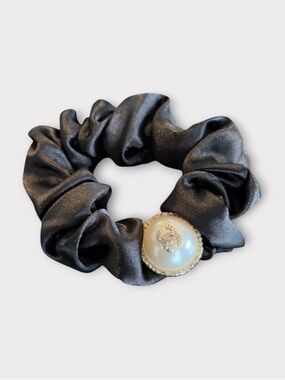 CHANEL Beauty Black Scrunchie with Pearl Accent and Rhinestone CC